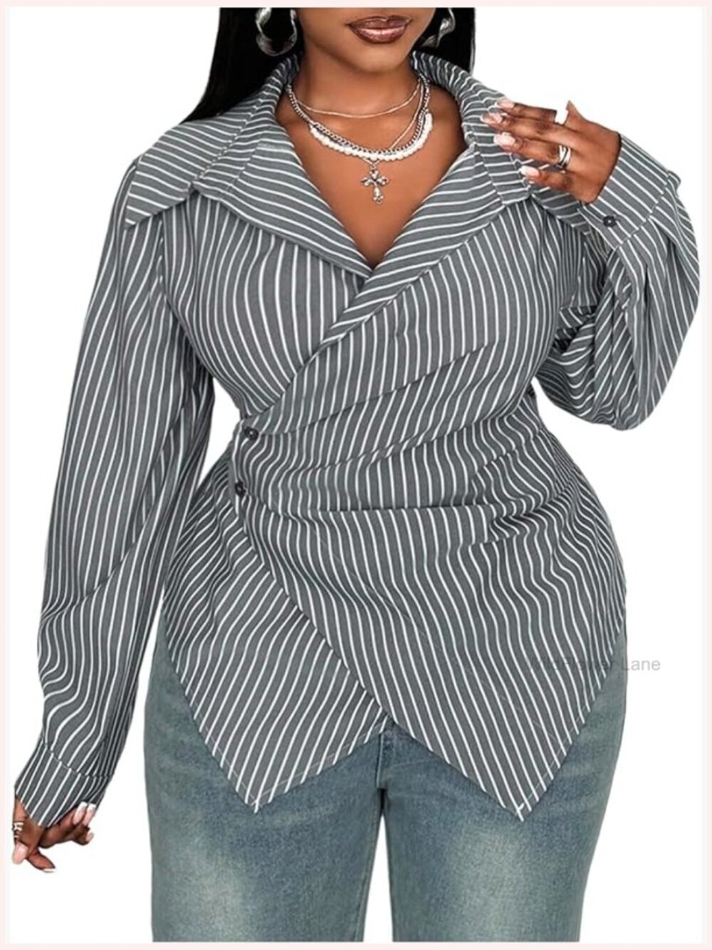 Plus Size Striped Wrap Long Sleeve Button Front Shirt Blouse Business Top